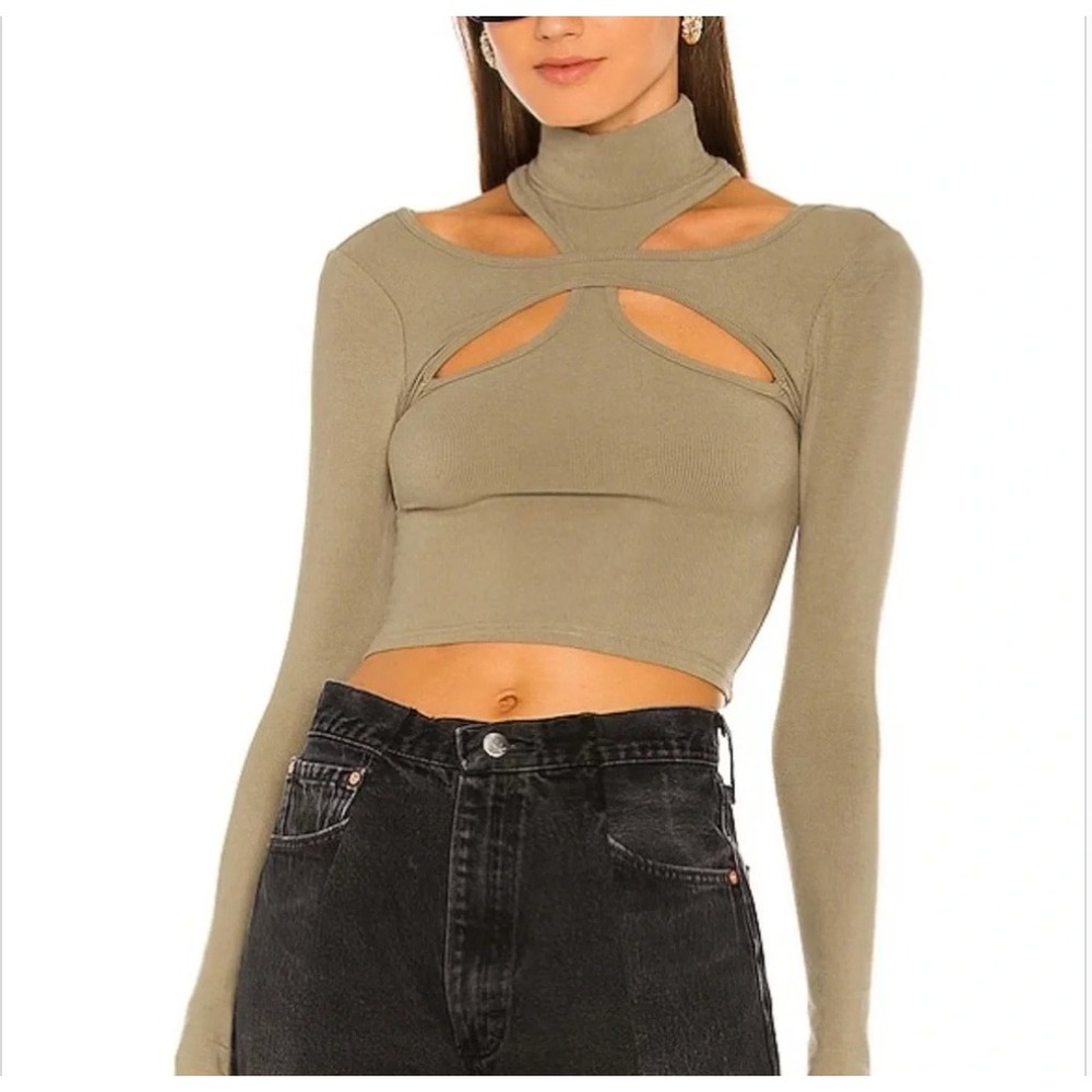 h:ours Alyson‎ Cutout Top Olive Green Ribbed Long Sleeve Mock Neck Crop Small